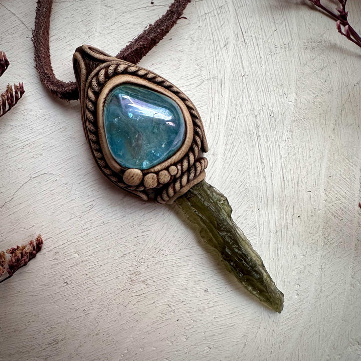 Moldavite and Aqua Aura Quartz Pendant Necklace - FairyGardenGlow
