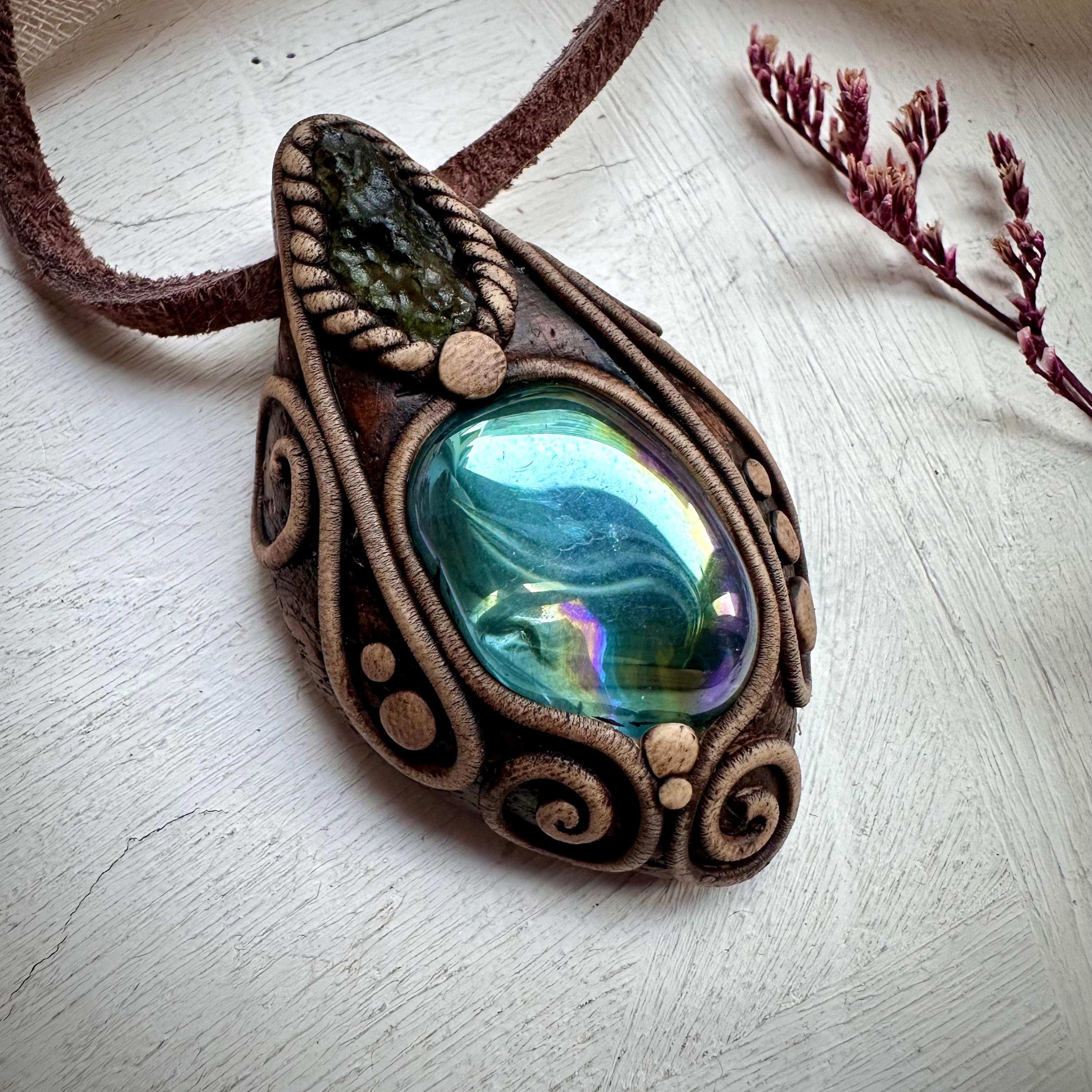 Moldavite and Aqua Aura Quartz Pendant Necklace - FairyGardenGlow