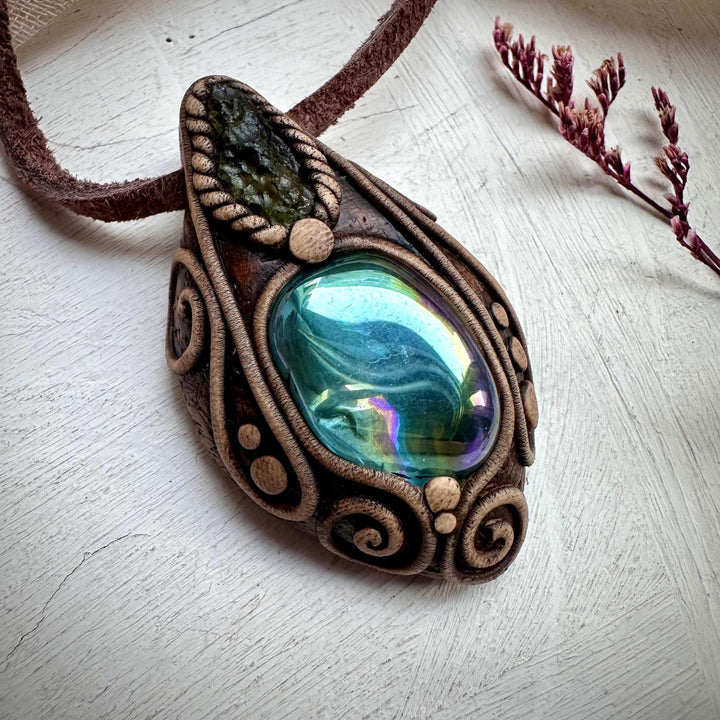 Moldavite and Aqua Aura Quartz Pendant Necklace - FairyGardenGlow