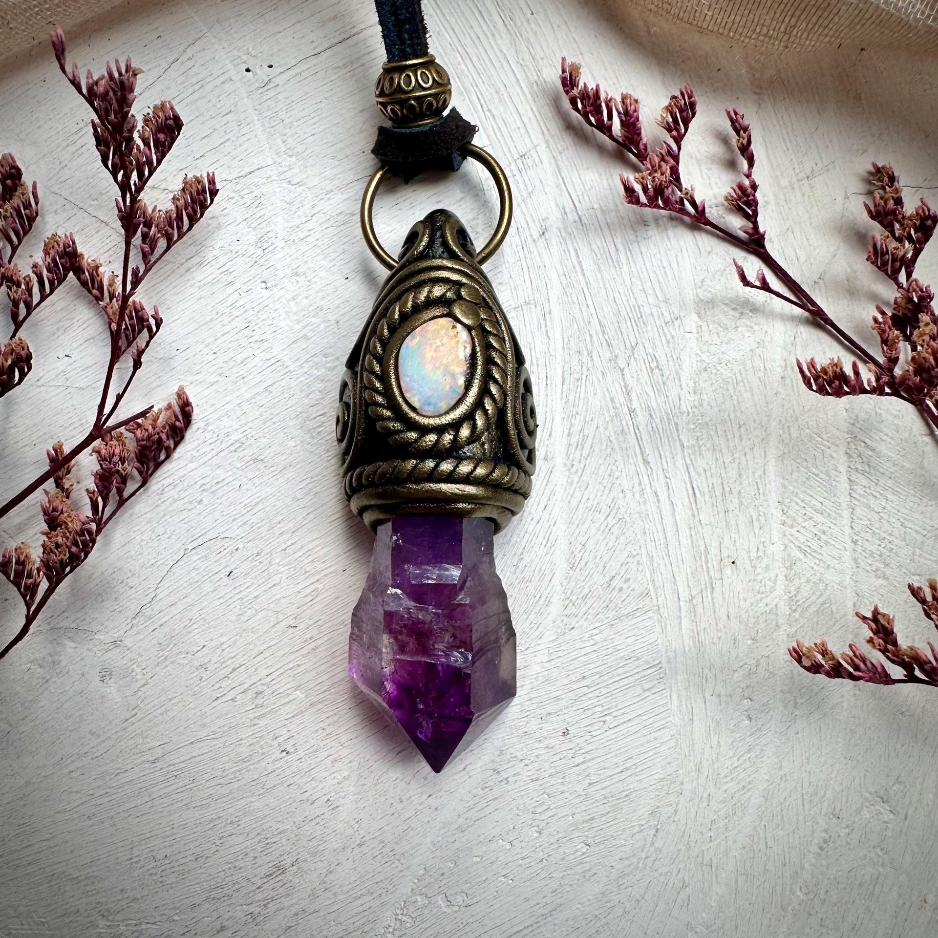 Amethyst Point and Boulder Opal Necklace - FairyGardenGlow