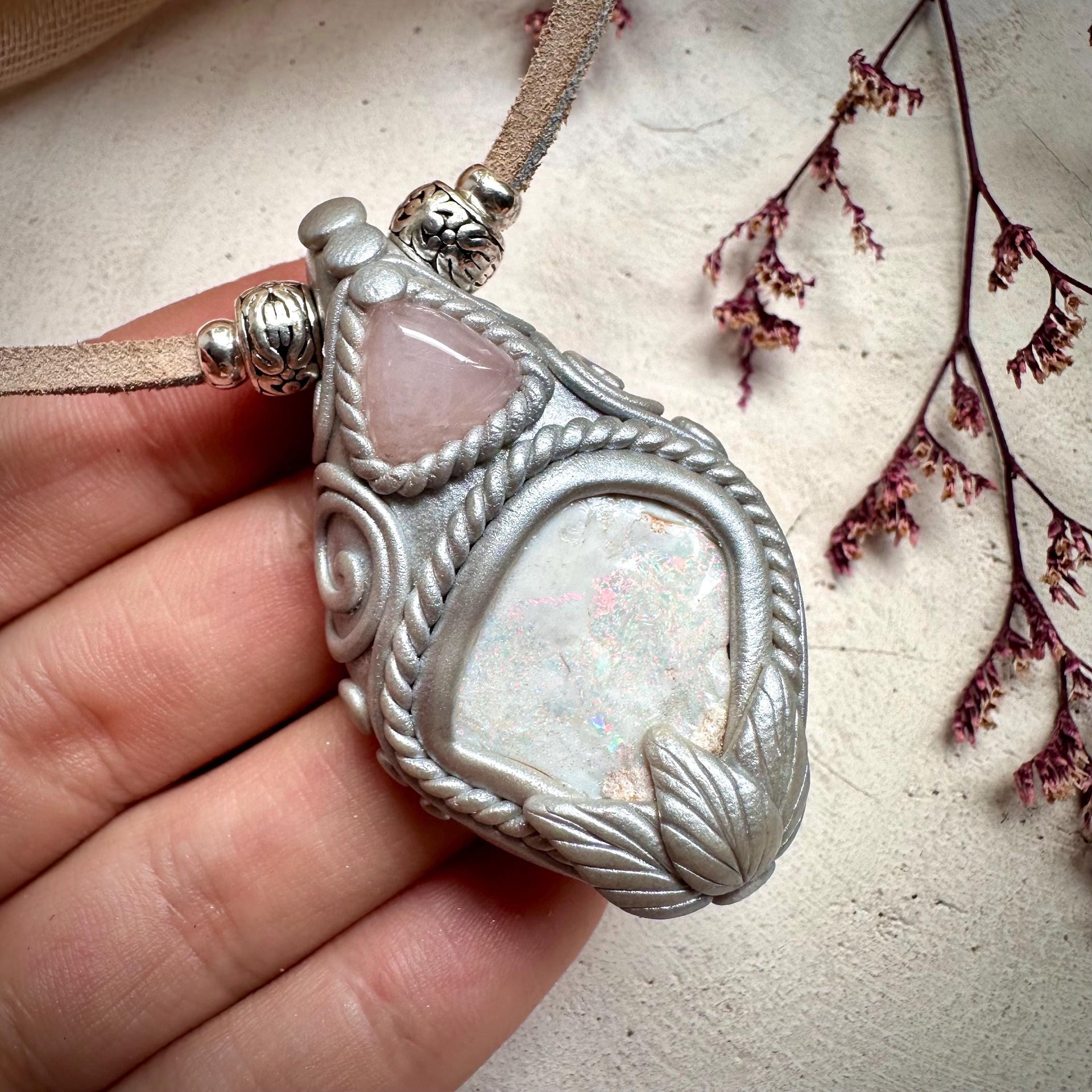 Raw Australian Opal and Rose Quartz Necklace - FairyGardenGlow