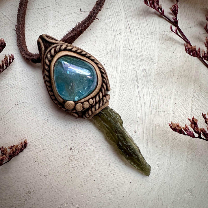 Moldavite and Aqua Aura Quartz Pendant Necklace - FairyGardenGlow