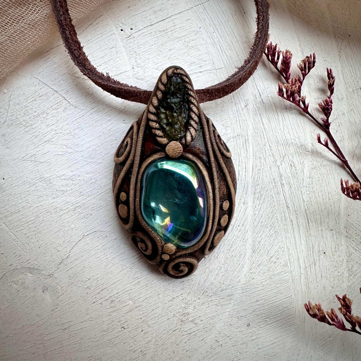 Moldavite and Aqua Aura Quartz Pendant Necklace - FairyGardenGlow