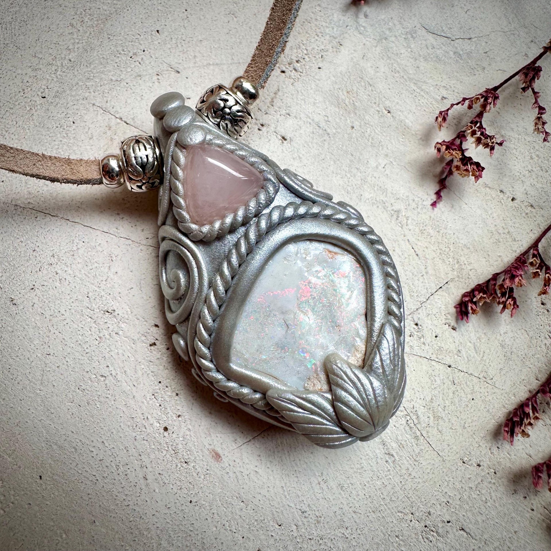 Raw Australian Opal and Rose Quartz Necklace - FairyGardenGlow