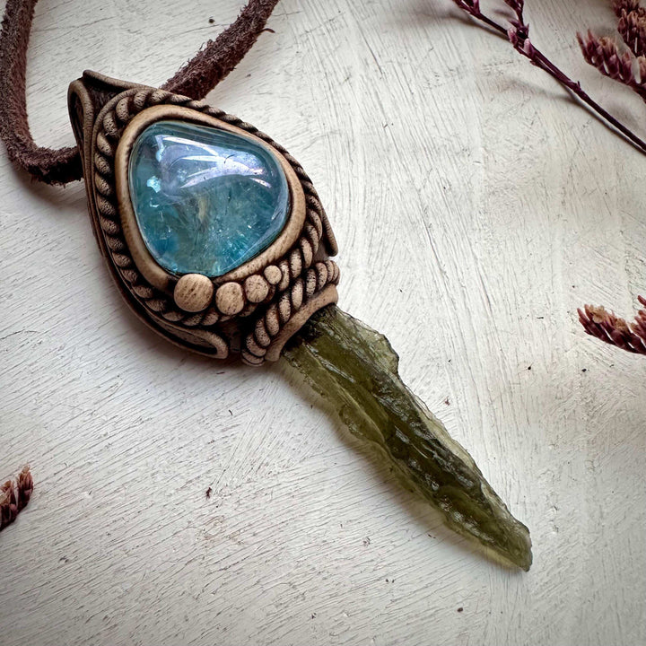 Moldavite and Aqua Aura Quartz Pendant Necklace - FairyGardenGlow