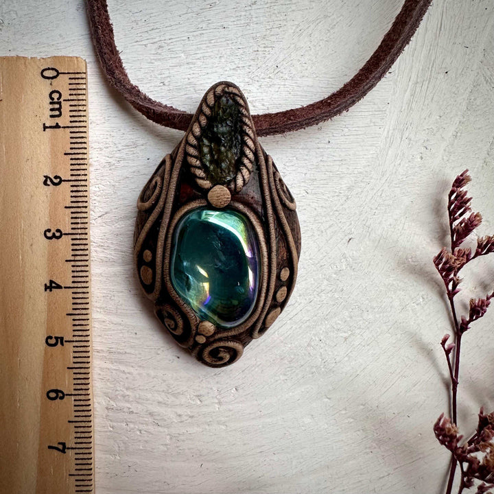 Moldavite and Aqua Aura Quartz Pendant Necklace - FairyGardenGlow