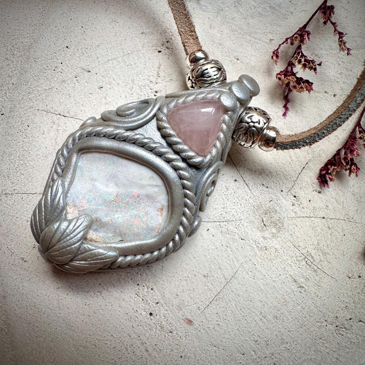 Raw Australian Opal and Rose Quartz Necklace - FairyGardenGlow