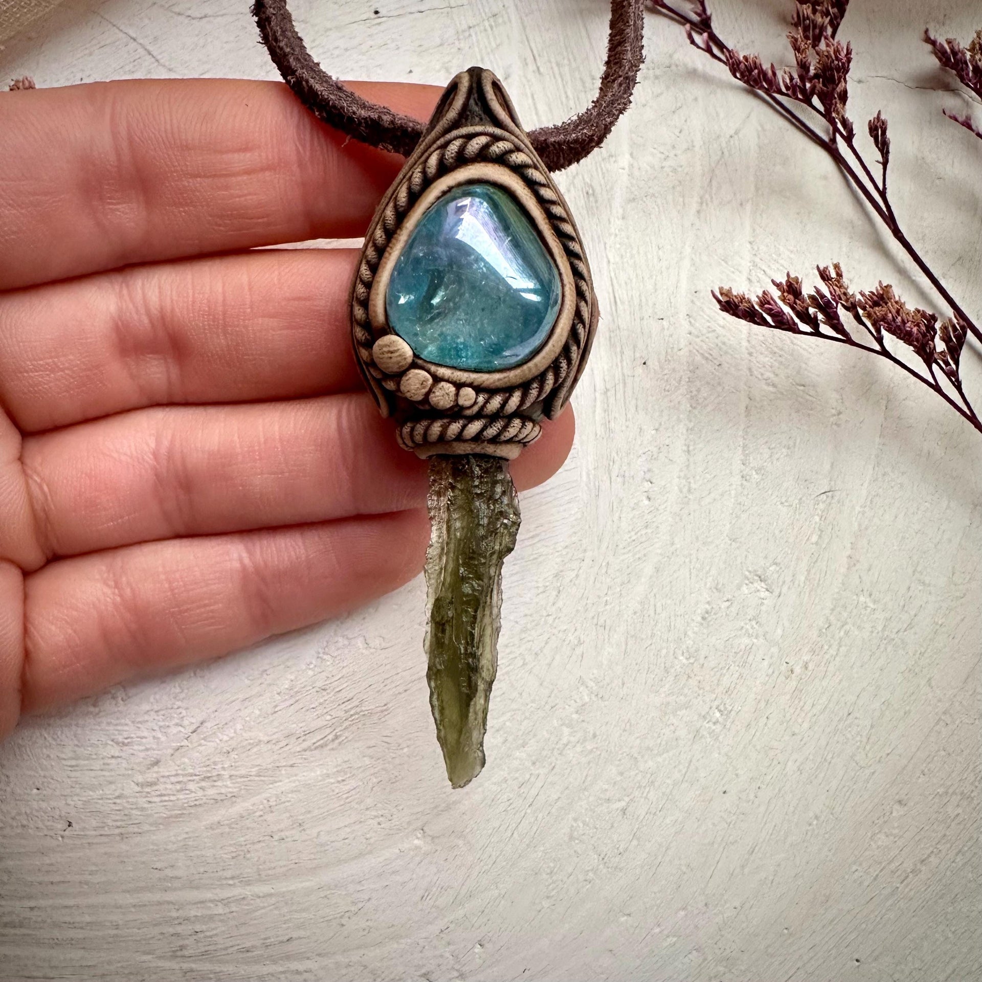 Moldavite and Aqua Aura Quartz Pendant Necklace - FairyGardenGlow