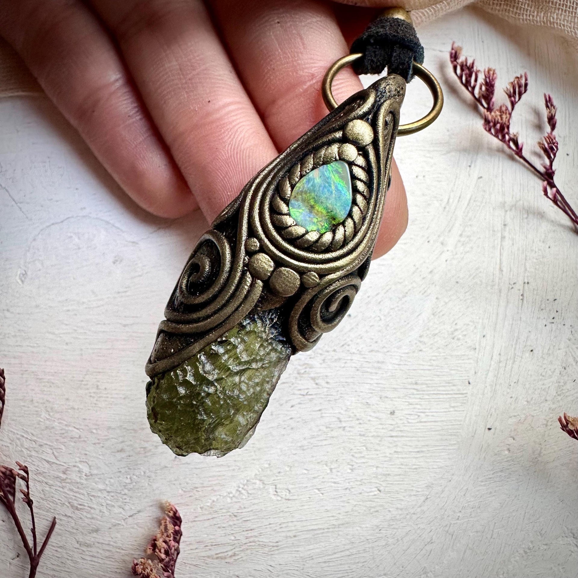 Moldavite and Boulder Opal Necklace - FairyGardenGlow