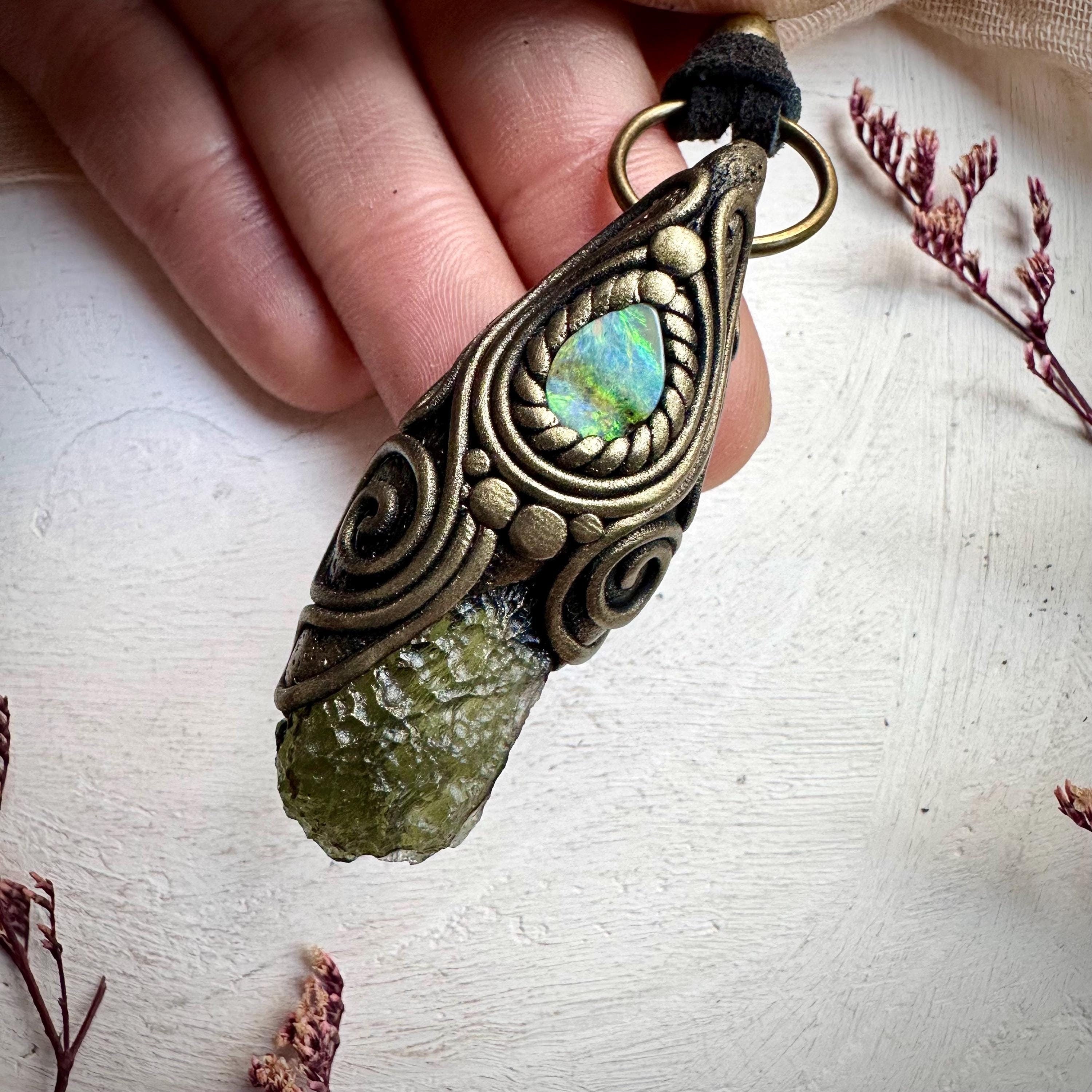 Moldavite and Boulder Opal Necklace - FairyGardenGlow
