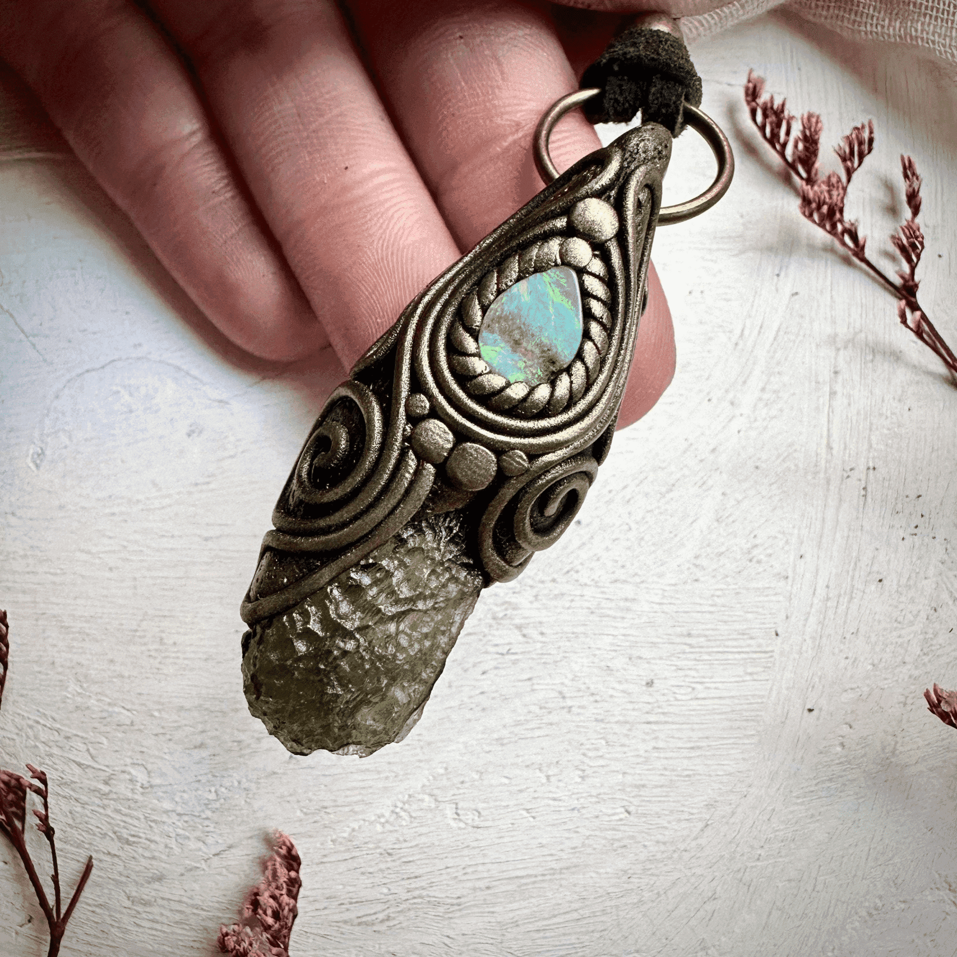 Moldavite and Boulder Opal Necklace - FairyGardenGlow