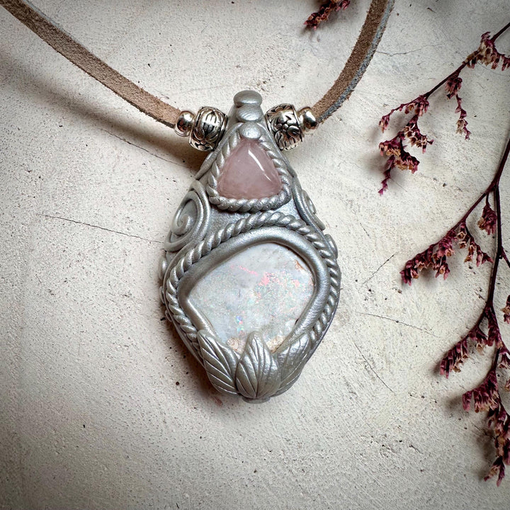 Raw Australian Opal and Rose Quartz Necklace - FairyGardenGlow