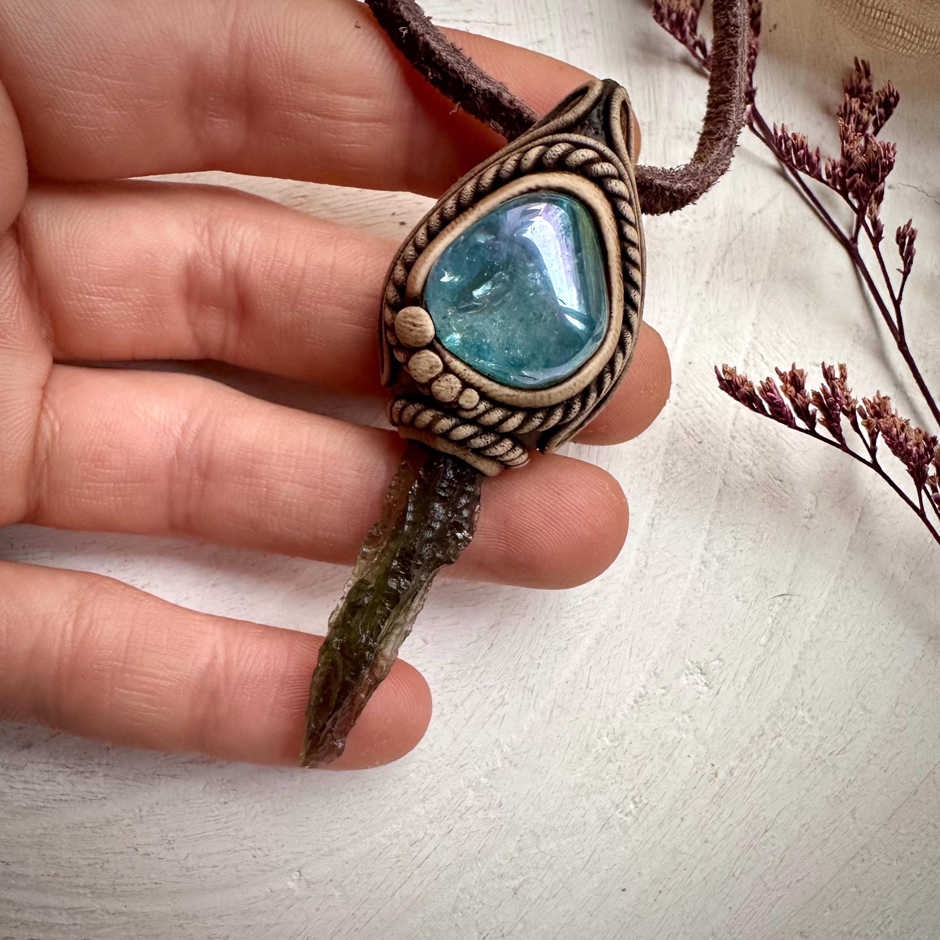 Moldavite and Aqua Aura Quartz Pendant Necklace - FairyGardenGlow