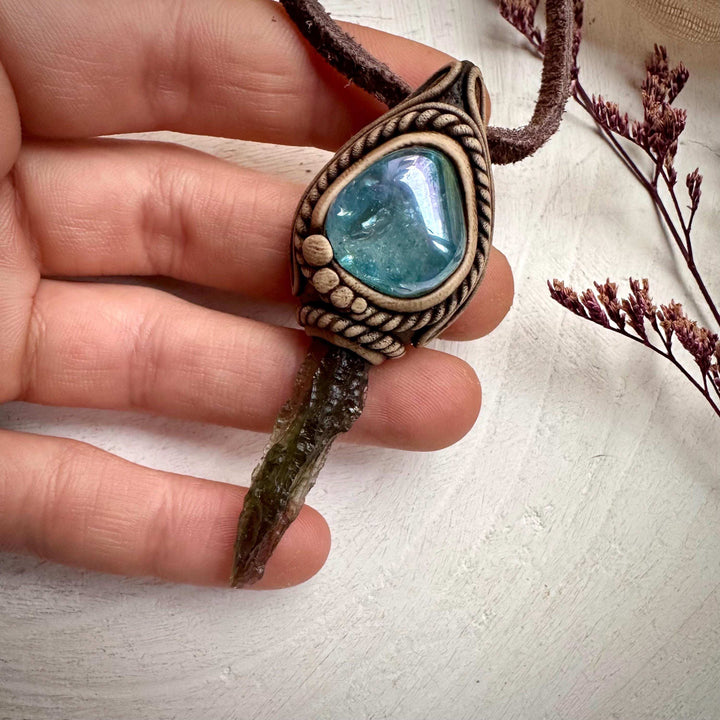 Moldavite and Aqua Aura Quartz Pendant Necklace - FairyGardenGlow