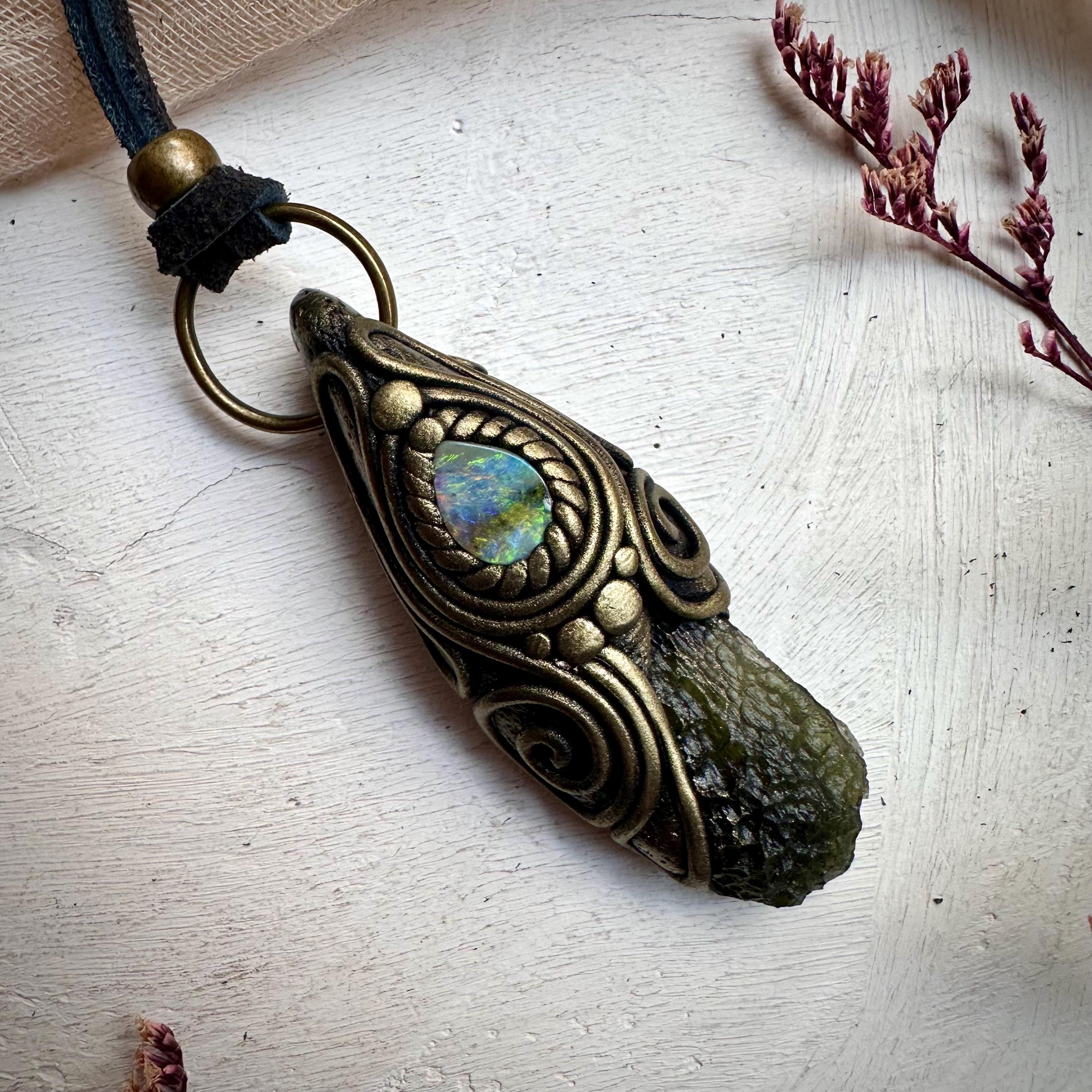 Moldavite and Boulder Opal Necklace - FairyGardenGlow