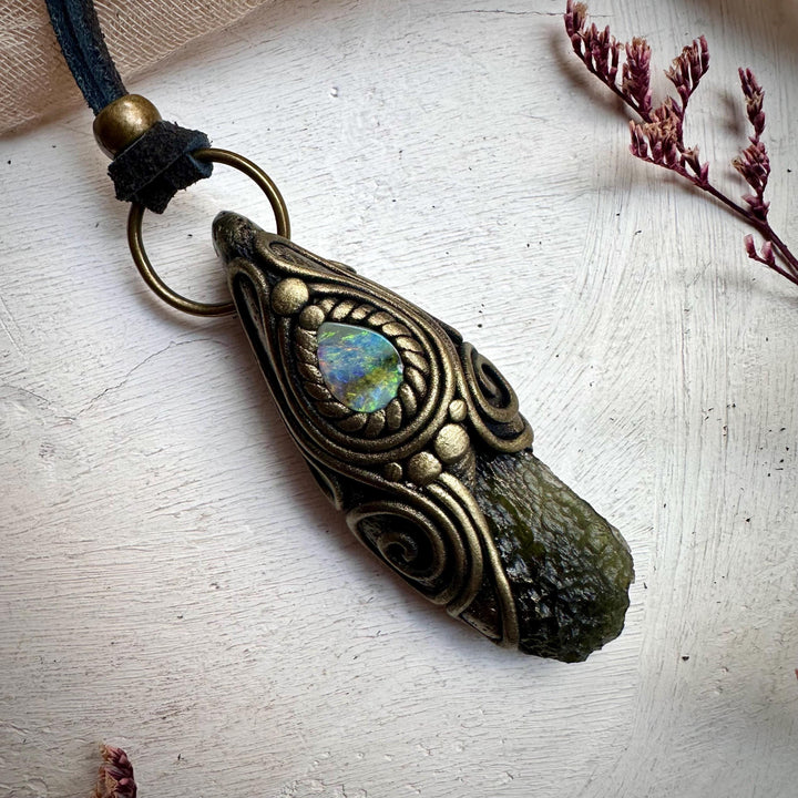 Moldavite and Boulder Opal Necklace - FairyGardenGlow