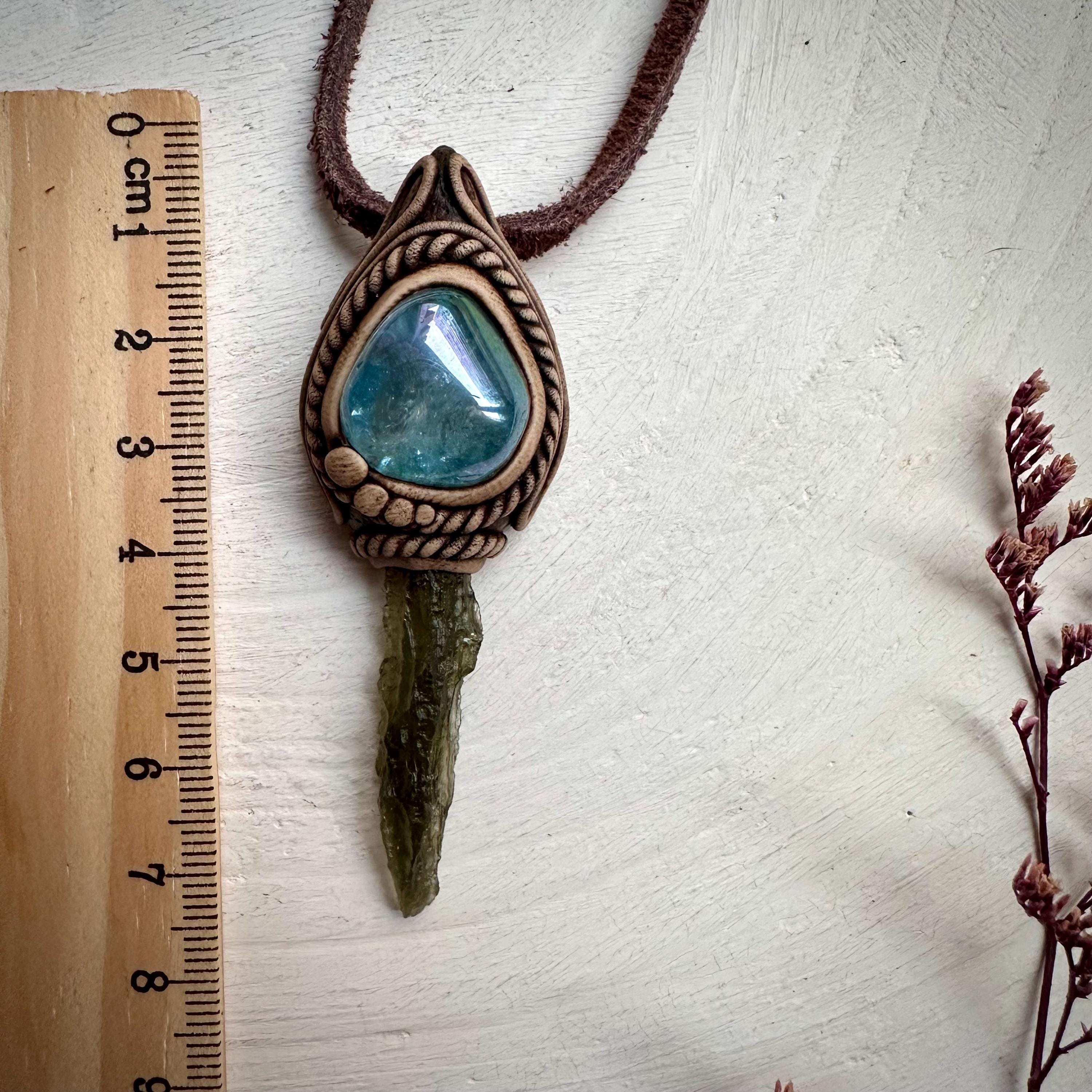 Moldavite and Aqua Aura Quartz Pendant Necklace - FairyGardenGlow