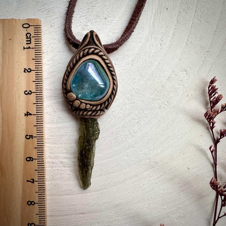 Moldavite and Aqua Aura Quartz Pendant Necklace - FairyGardenGlow