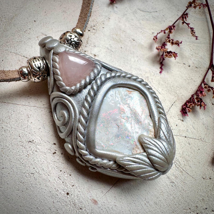 Raw Australian Opal and Rose Quartz Necklace - FairyGardenGlow