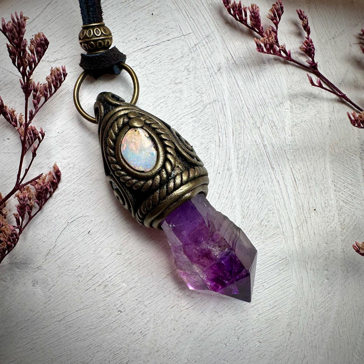 Amethyst Point and Boulder Opal Necklace - FairyGardenGlow