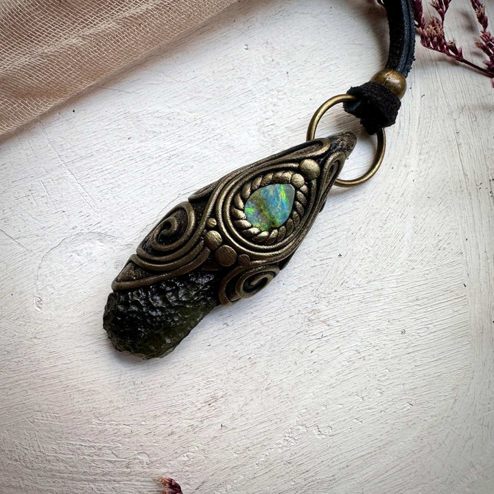 Moldavite and Boulder Opal Necklace - FairyGardenGlow