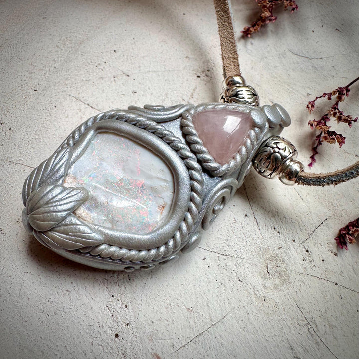 Raw Australian Opal and Rose Quartz Necklace - FairyGardenGlow