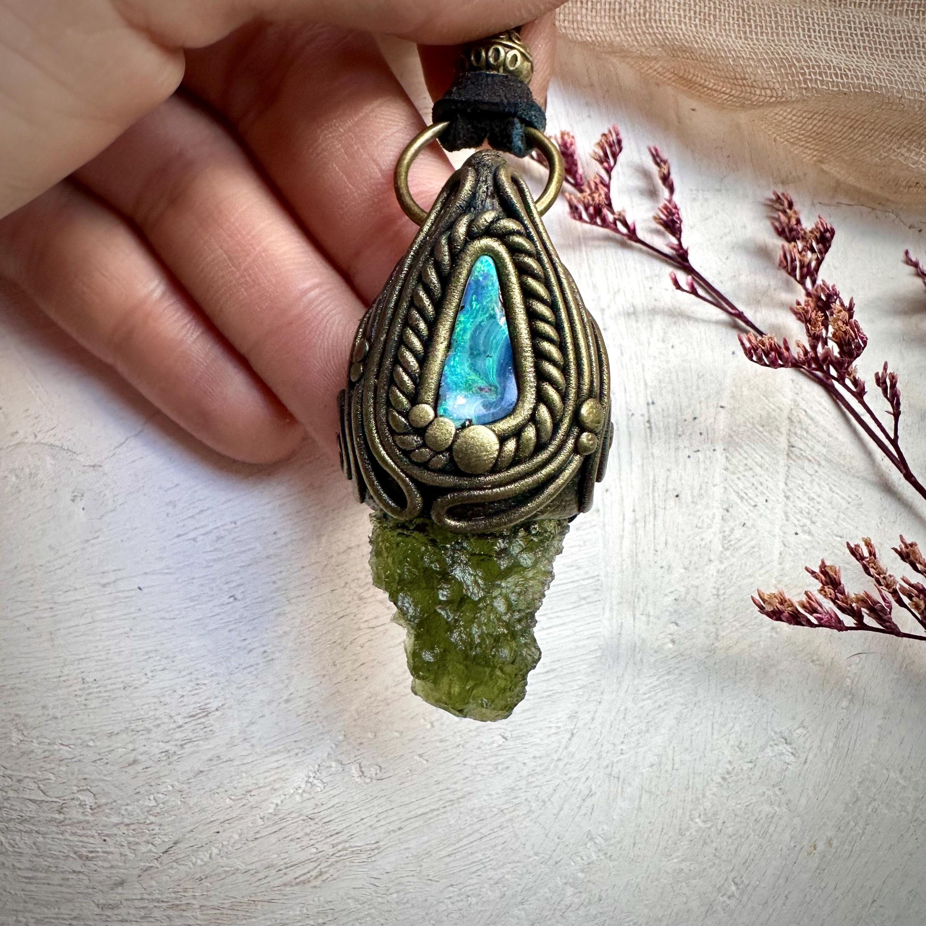 Moldavite and Boulder Opal Necklace - FairyGardenGlow