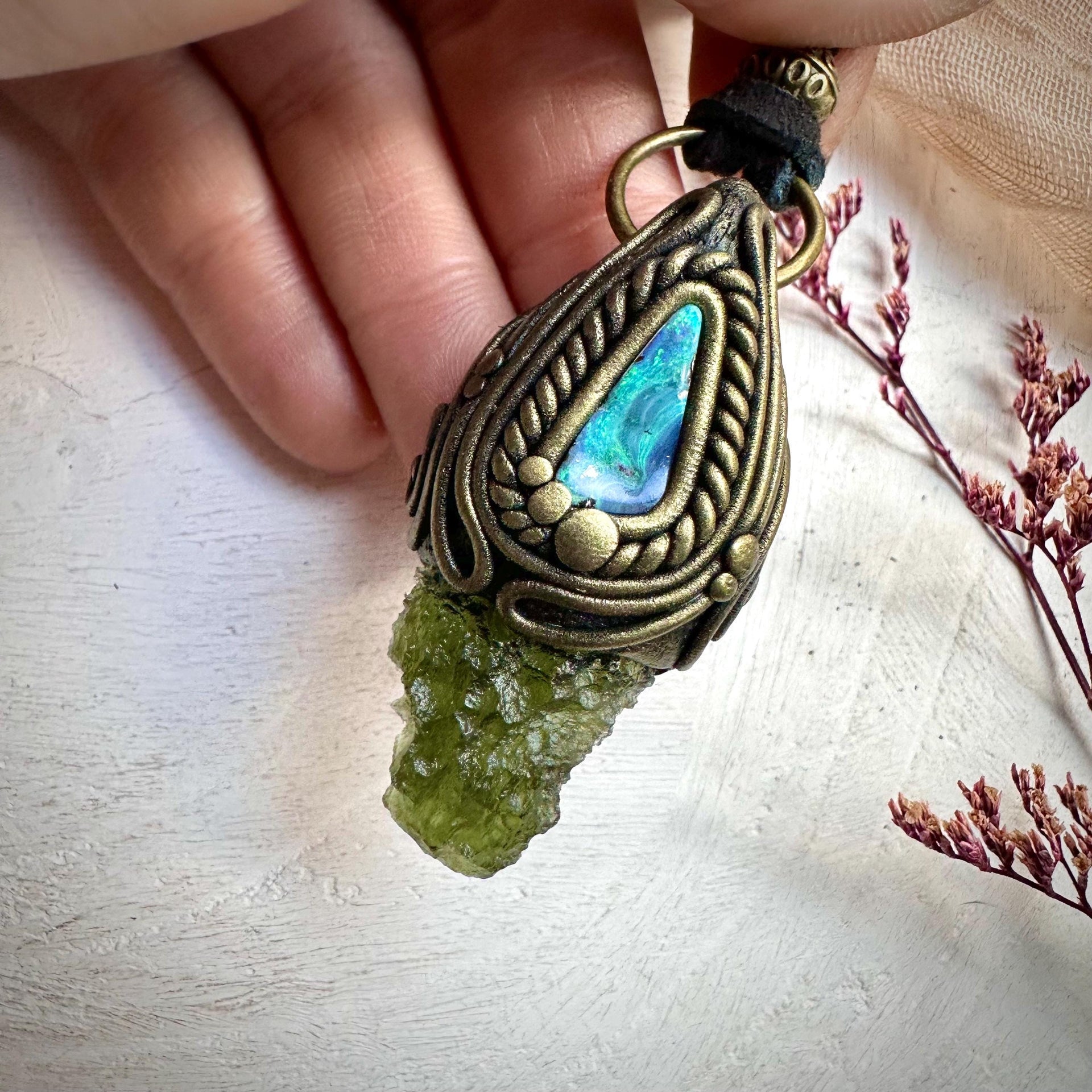 Moldavite and Boulder Opal Necklace - FairyGardenGlow