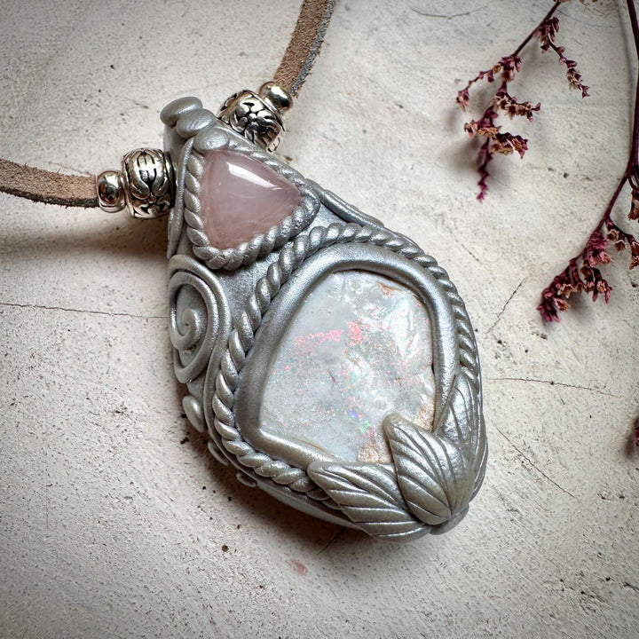 Raw Australian Opal and Rose Quartz Necklace - FairyGardenGlow