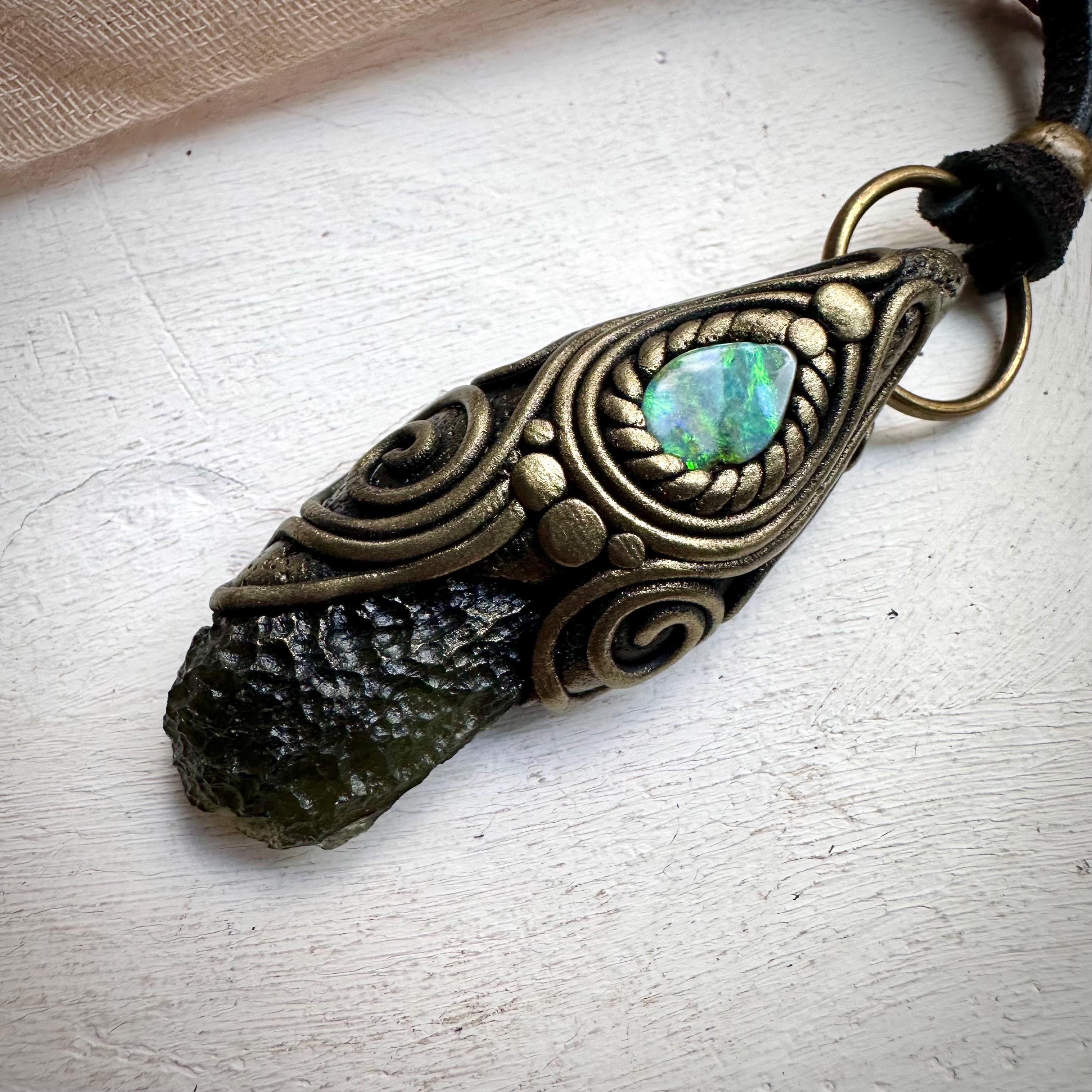Moldavite and Boulder Opal Necklace - FairyGardenGlow