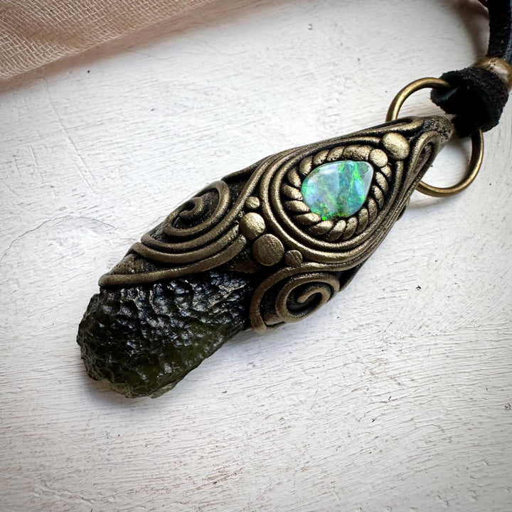Moldavite and Boulder Opal Necklace - FairyGardenGlow