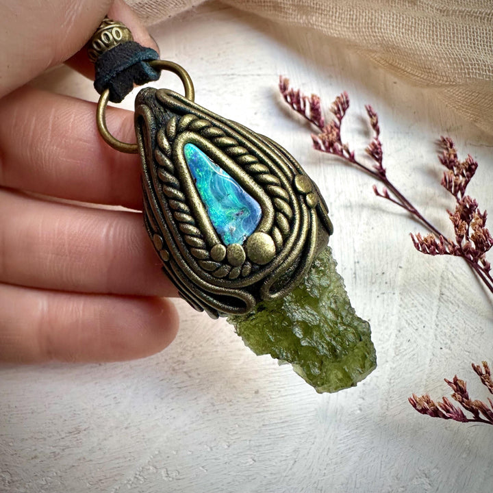 Moldavite and Boulder Opal Necklace - FairyGardenGlow