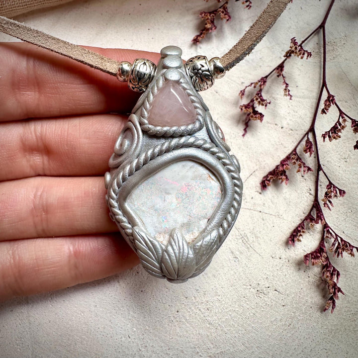 Raw Australian Opal and Rose Quartz Necklace - FairyGardenGlow