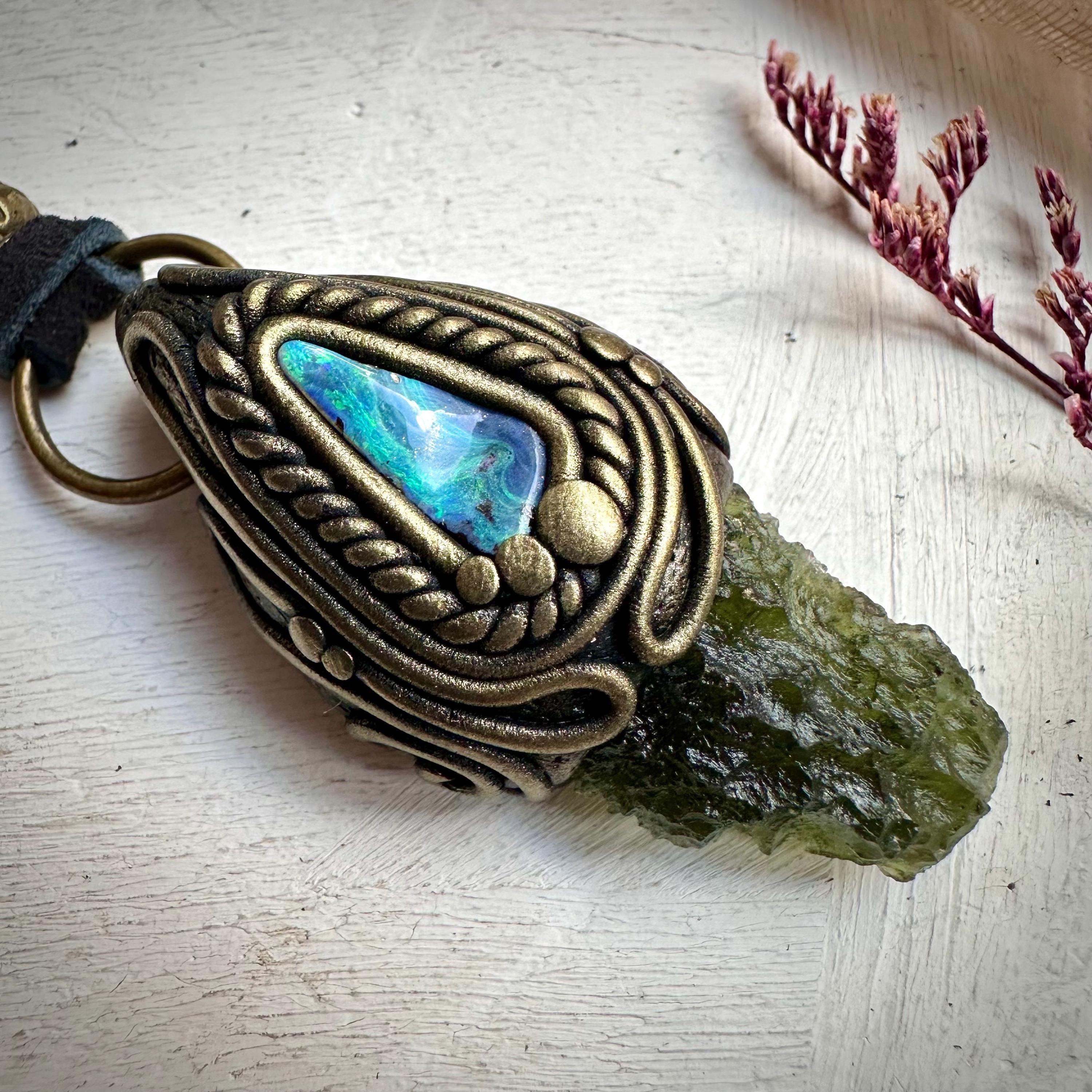 Moldavite and Boulder Opal Necklace - FairyGardenGlow