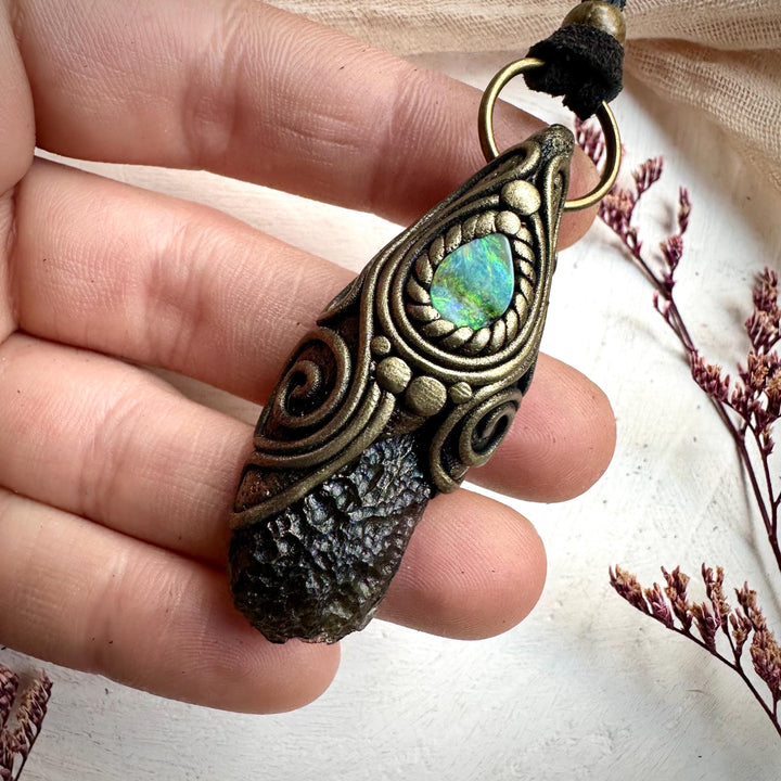 Moldavite and Boulder Opal Necklace - FairyGardenGlow