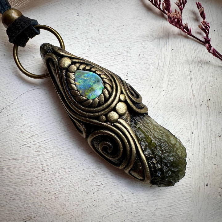 Moldavite and Boulder Opal Necklace - FairyGardenGlow