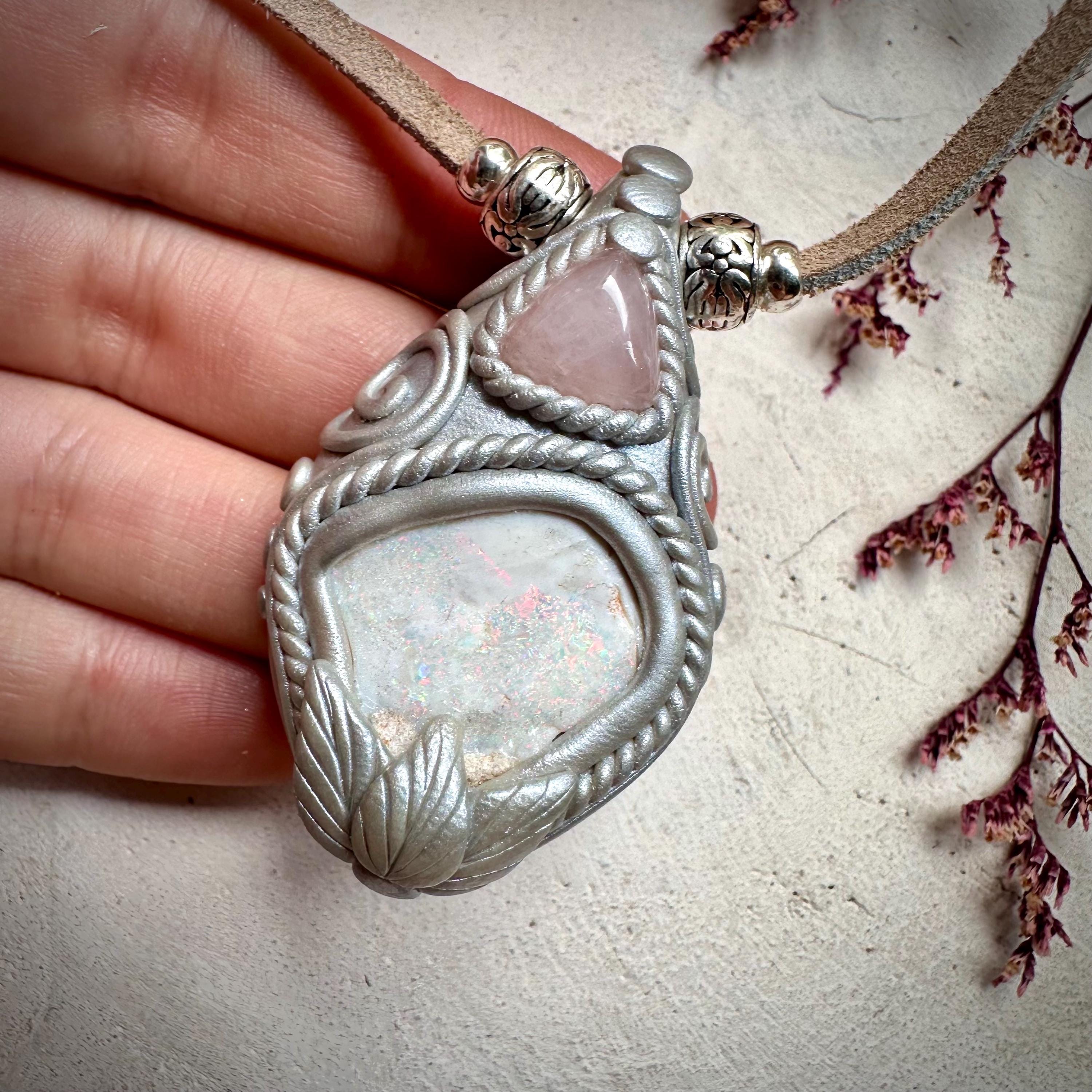 Raw Australian Opal and Rose Quartz Necklace - FairyGardenGlow