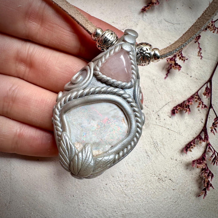 Raw Australian Opal and Rose Quartz Necklace - FairyGardenGlow
