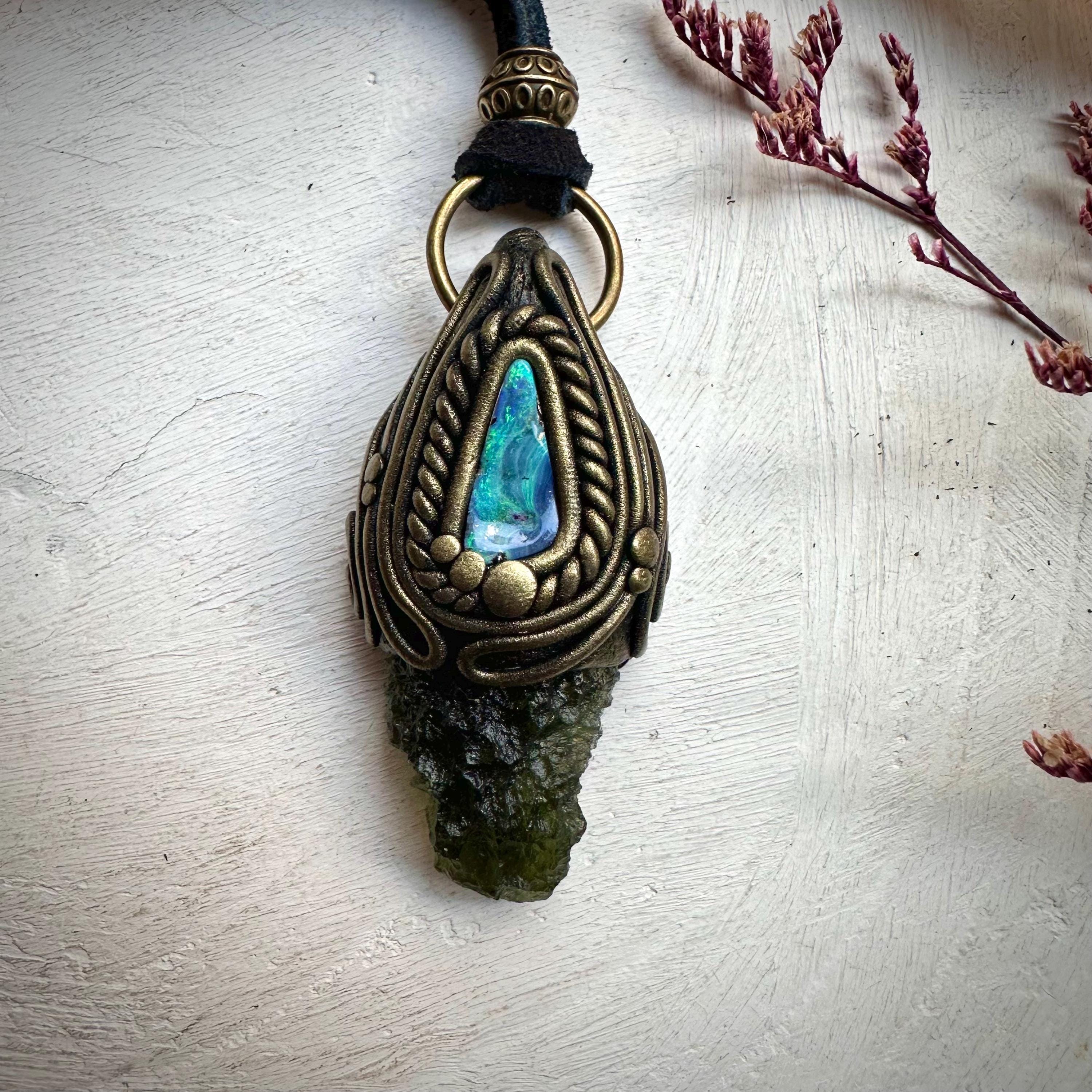 Moldavite and Boulder Opal Necklace - FairyGardenGlow