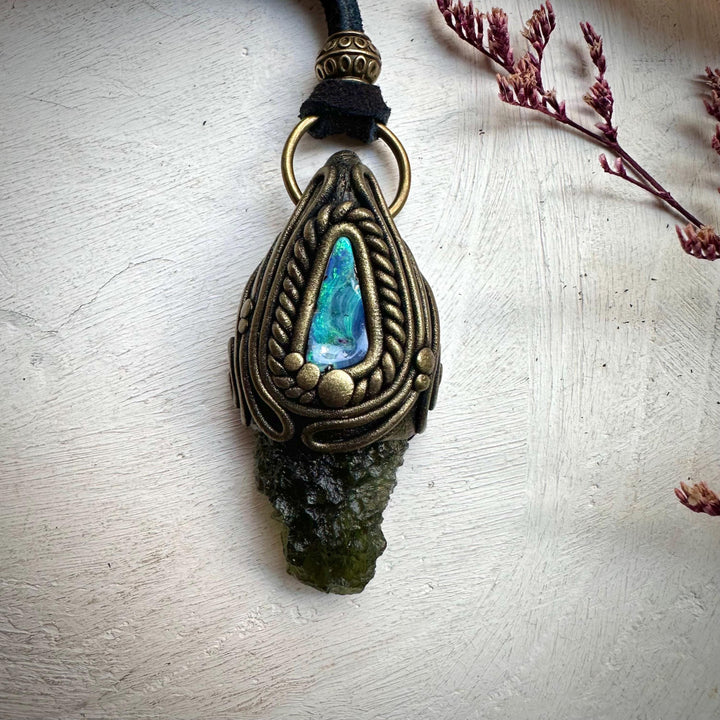 Moldavite and Boulder Opal Necklace - FairyGardenGlow