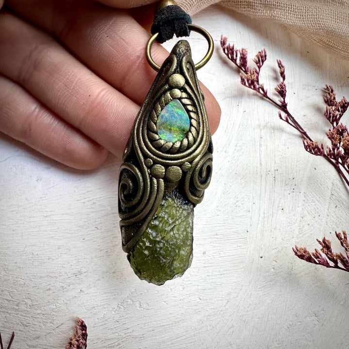 Moldavite and Boulder Opal Necklace - FairyGardenGlow