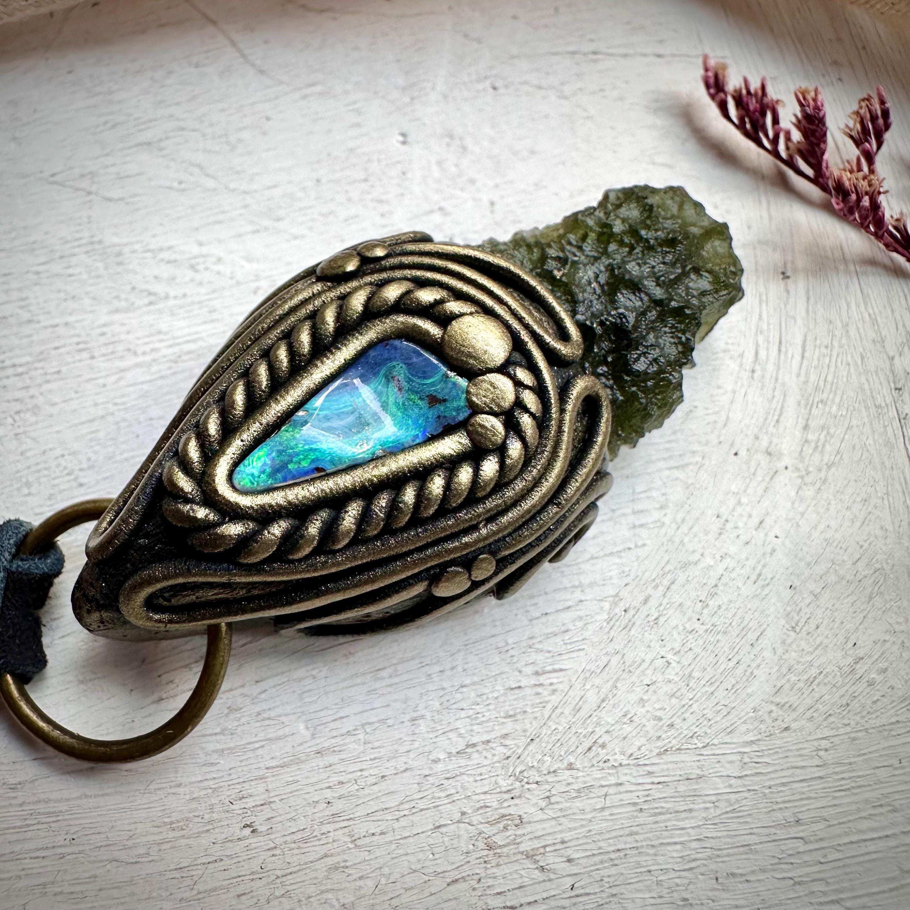 Moldavite and Boulder Opal Necklace - FairyGardenGlow