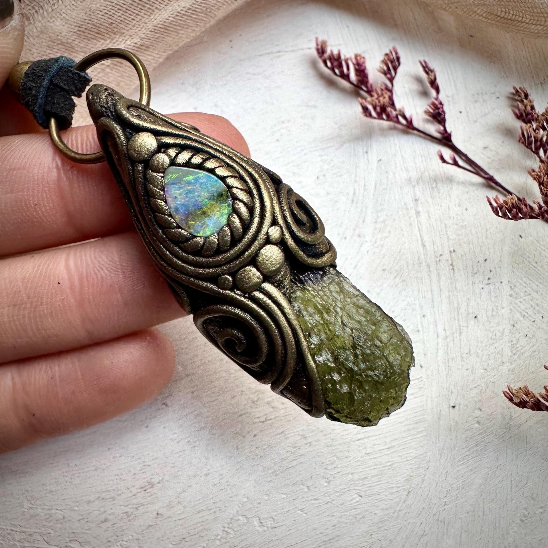 Moldavite and Boulder Opal Necklace - FairyGardenGlow