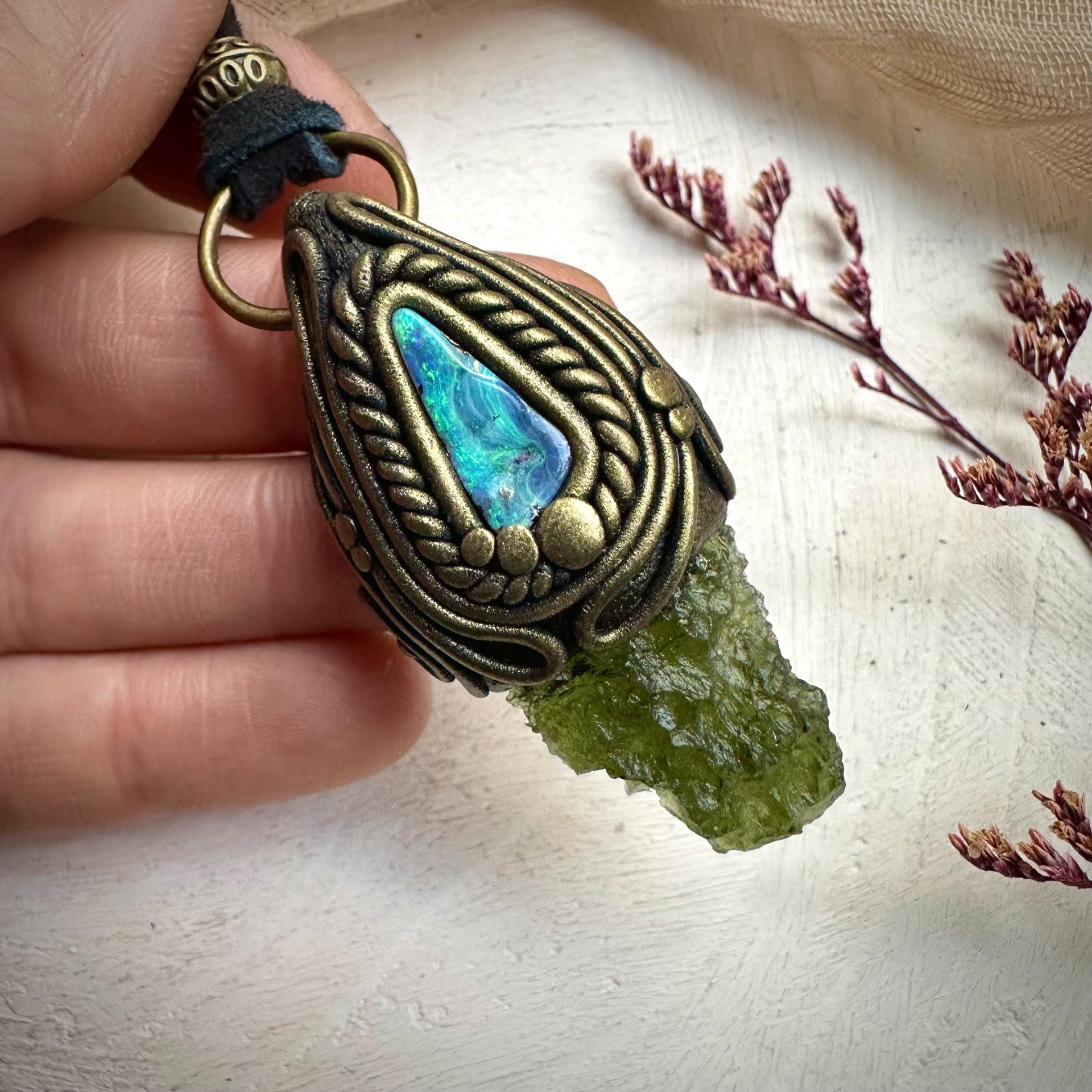 Moldavite and Boulder Opal Necklace - FairyGardenGlow