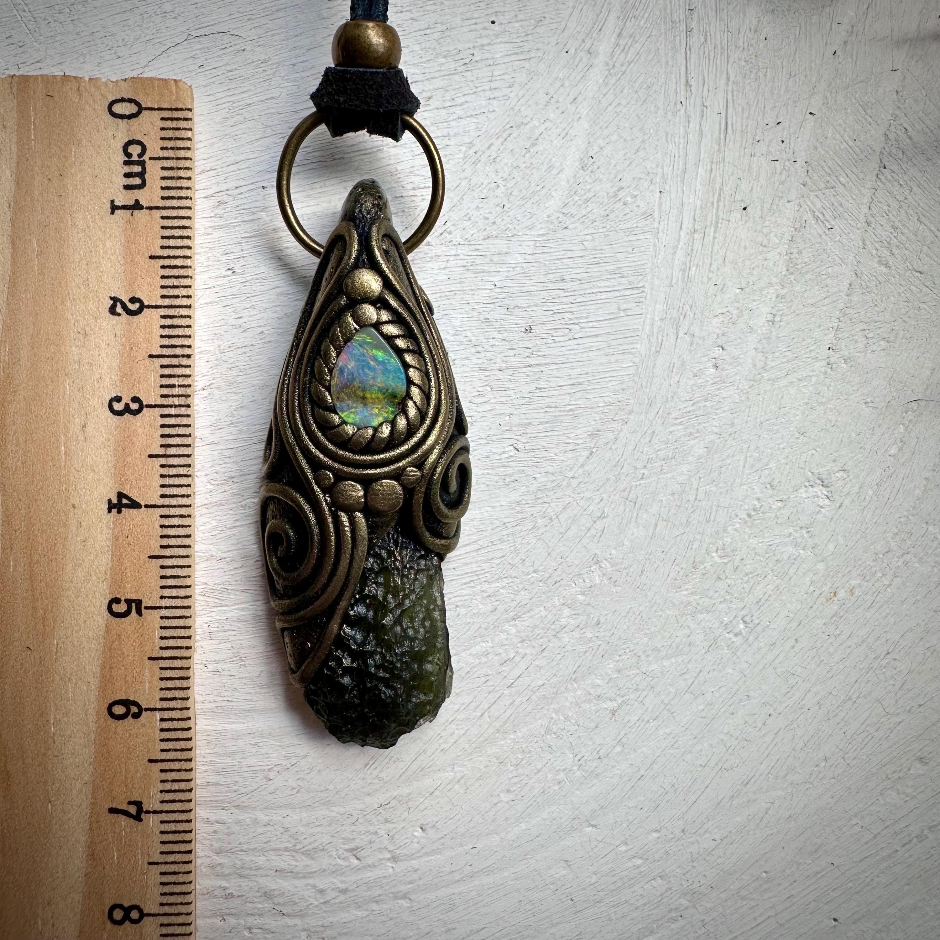 Moldavite and Boulder Opal Necklace - FairyGardenGlow