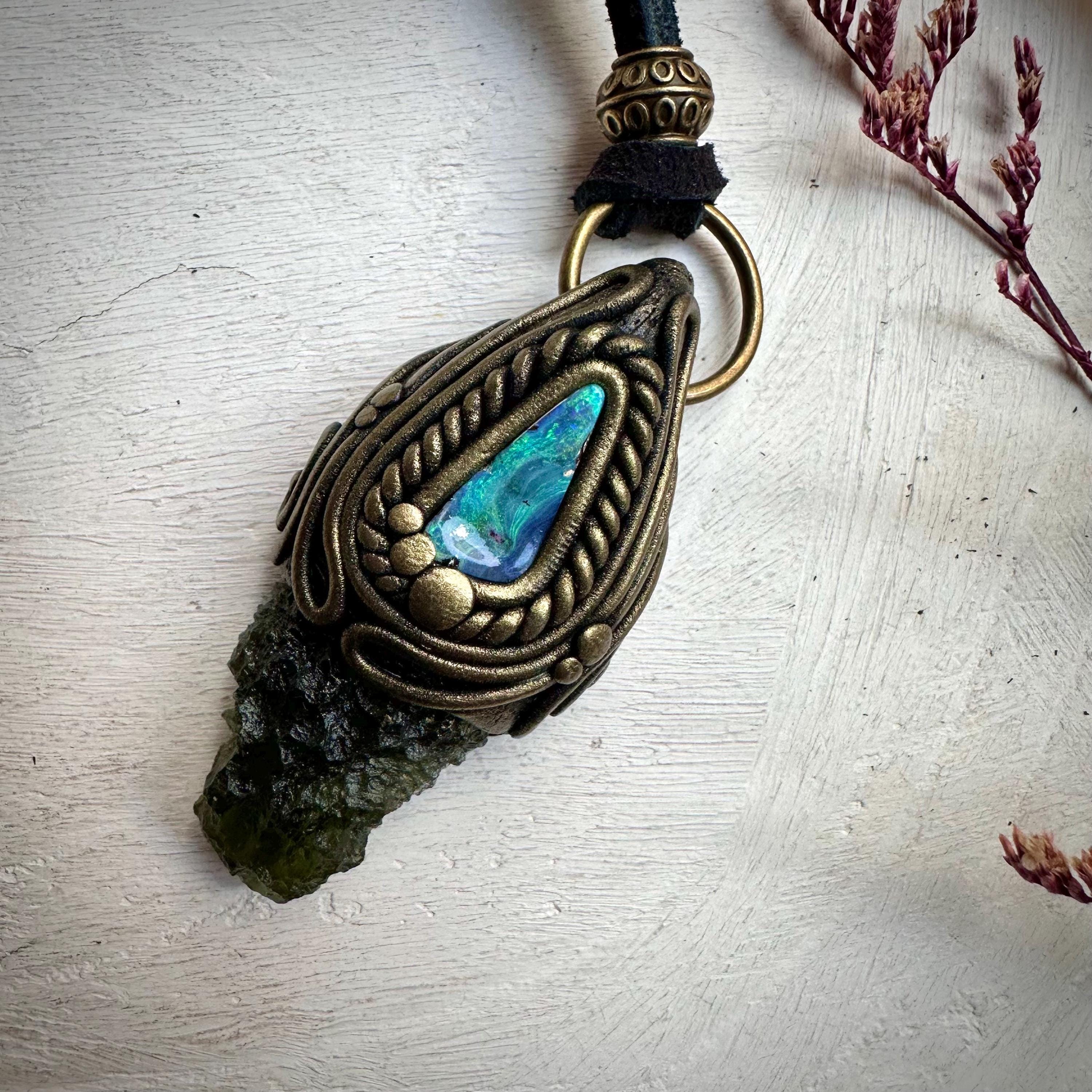Moldavite and Boulder Opal Necklace - FairyGardenGlow