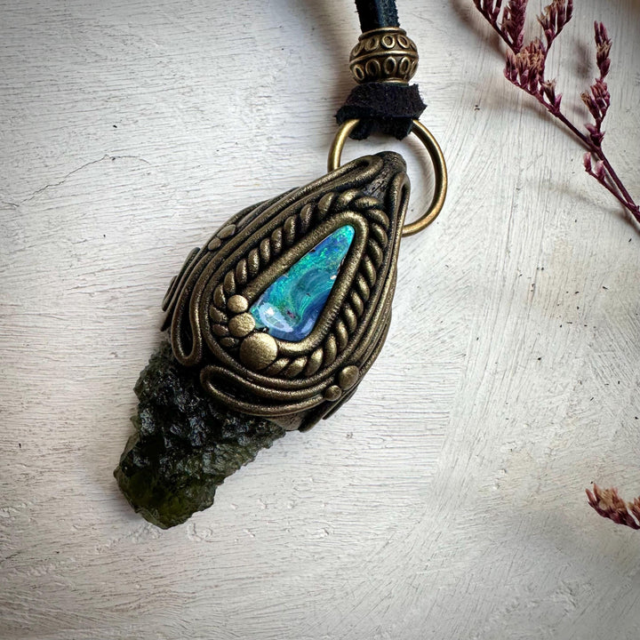 Moldavite and Boulder Opal Necklace - FairyGardenGlow