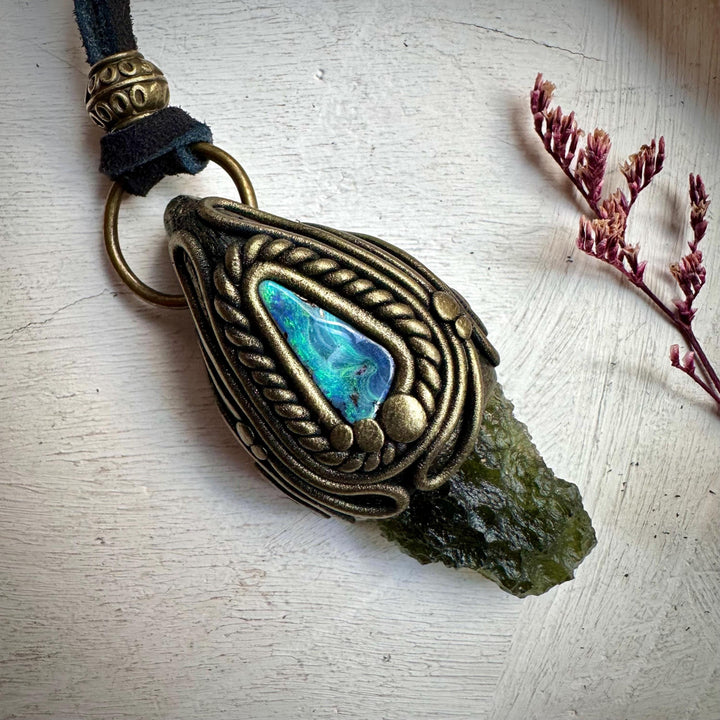 Moldavite and Boulder Opal Necklace - FairyGardenGlow