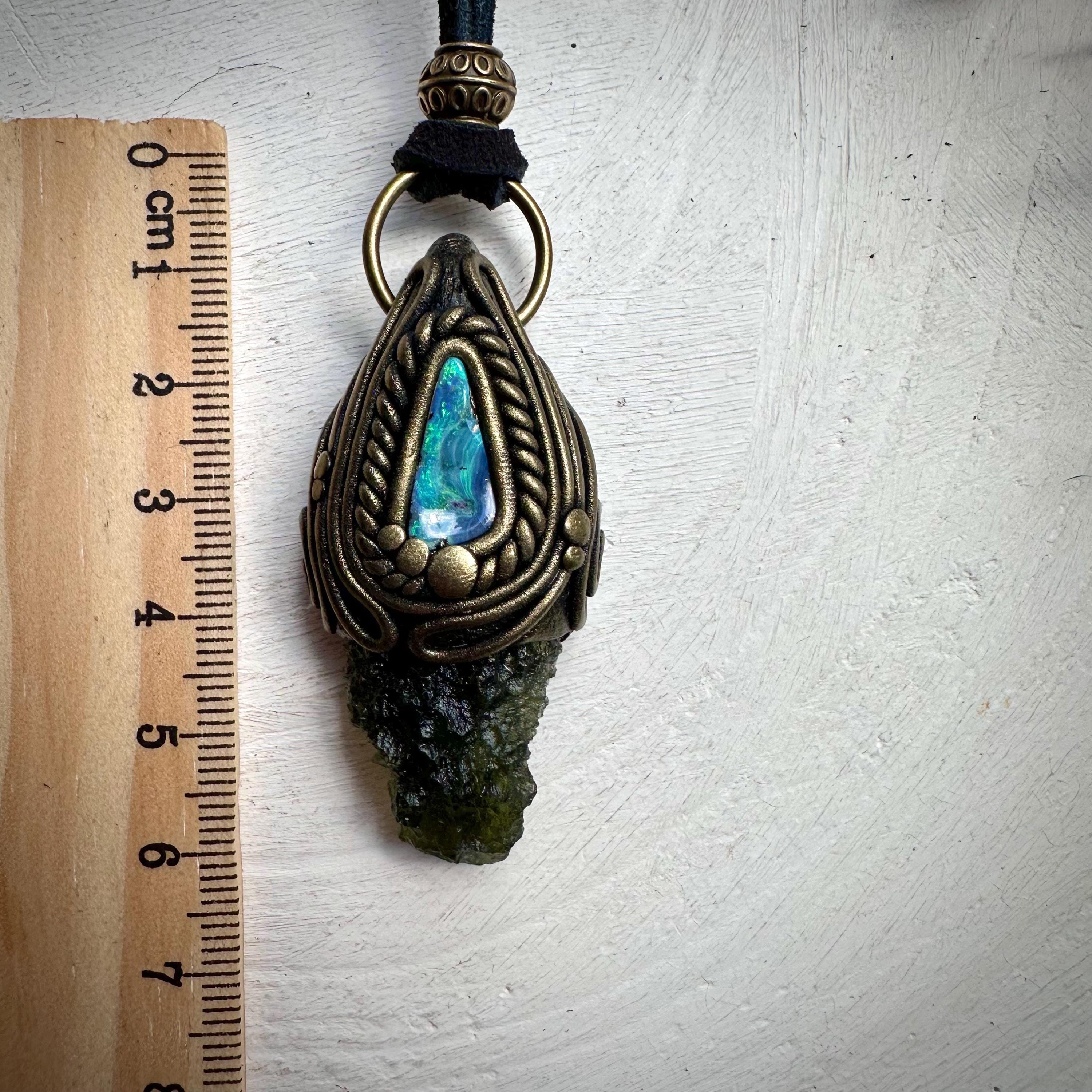 Moldavite and Boulder Opal Necklace - FairyGardenGlow