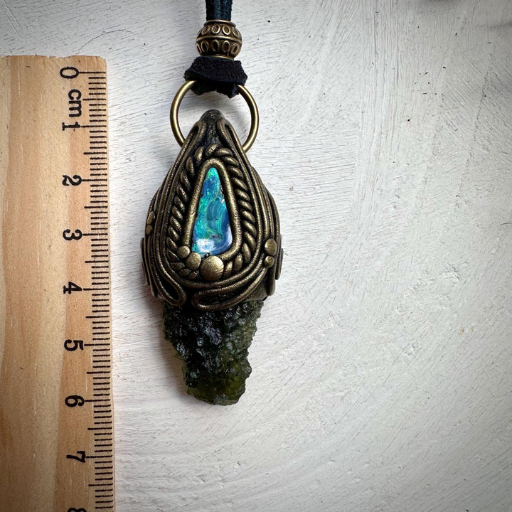 Moldavite and Boulder Opal Necklace - FairyGardenGlow
